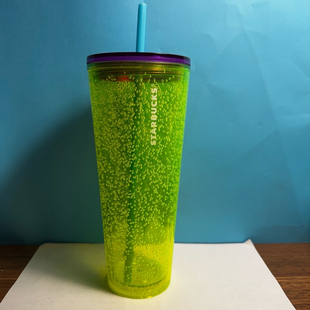 Starbucks Tumbler 2023 Yellow Bubbler With Purple Lid And Blue Straw 24oz